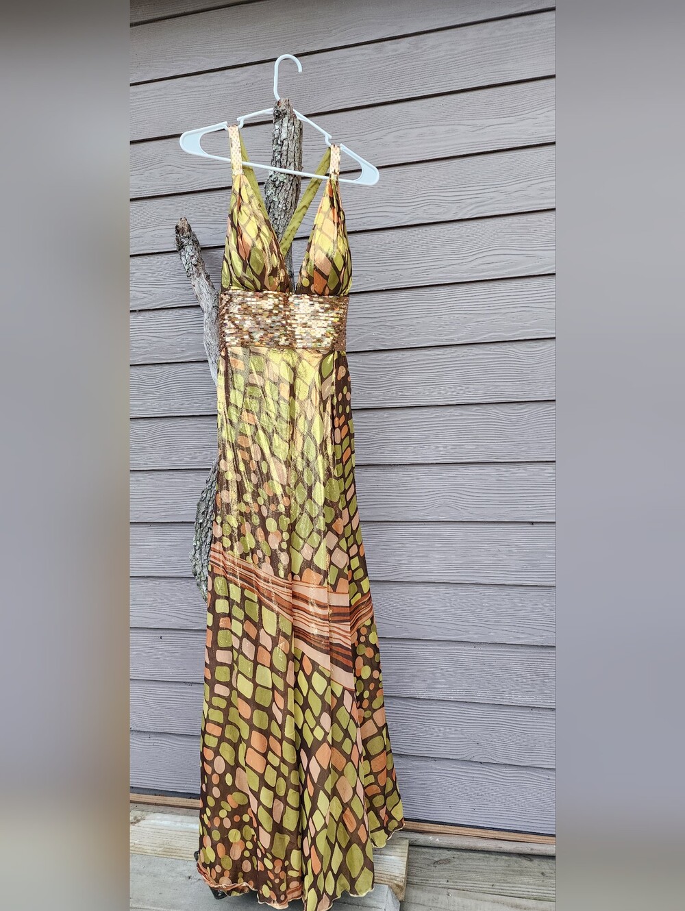 Metallic Silk Maxi Dress with Sequin Waist